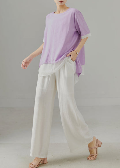 Diy Purple Asymmetrical Patchwork Cotton Two-piece Set Summer
