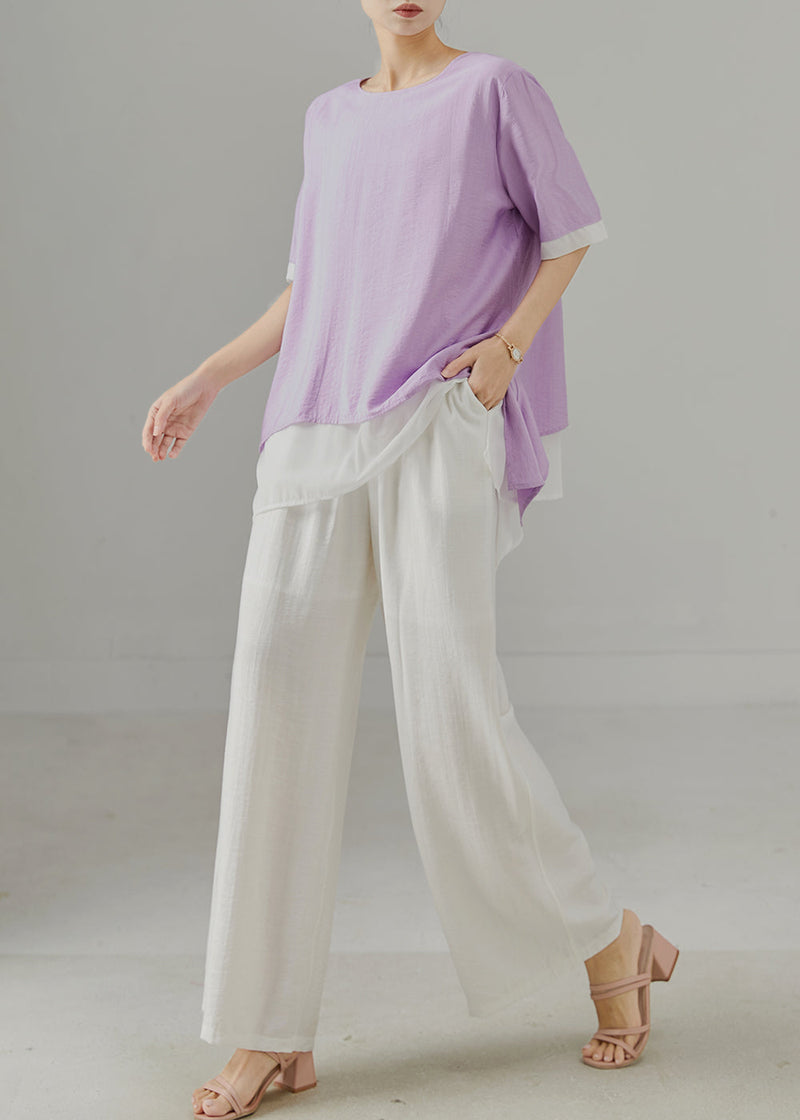 Diy Purple Asymmetrical Patchwork Cotton Two-piece Set Summer