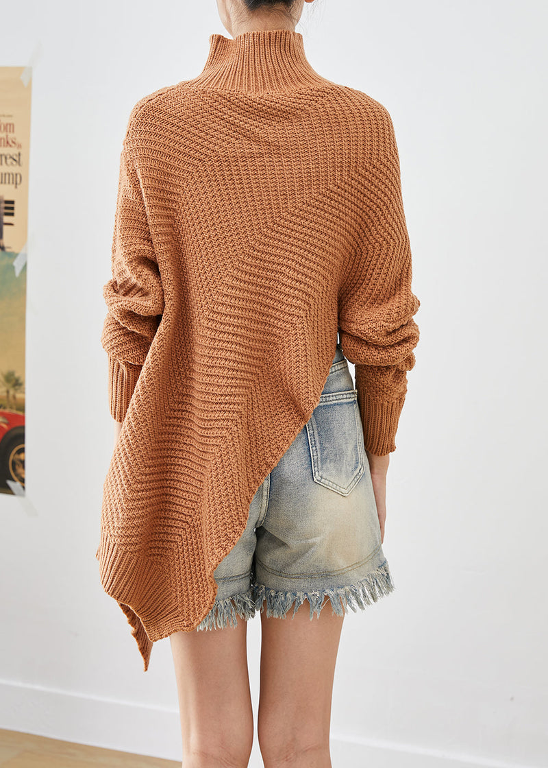 Brown Asymmetrical Zippered Knit Pullover Winter