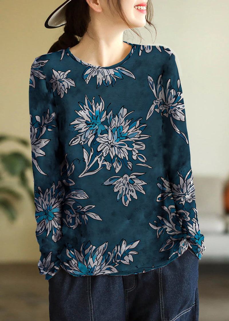 Blue O-neck Print Cotton Knitted Top Long Sleeve