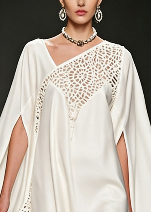 Fine White Hollow Out Lace Silk Dress Batwing Sleeve