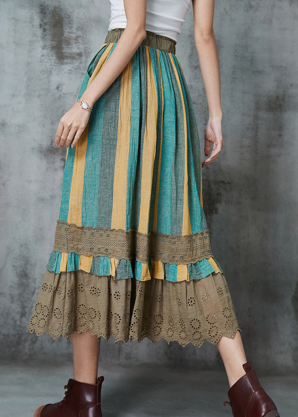Green Striped Patchwork Linen Skirt Spring