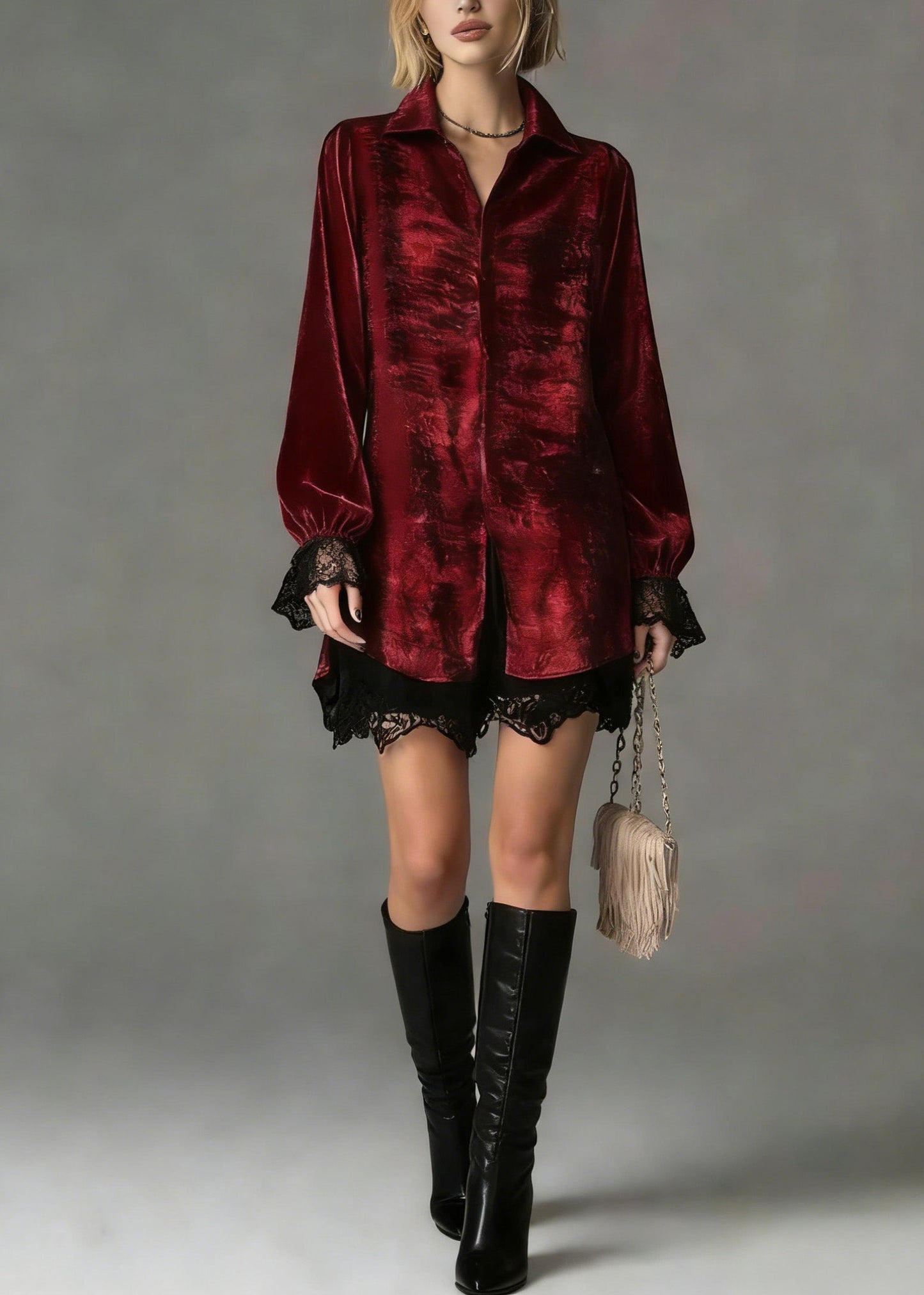 Red Peter Pan Collar Lace Patchwork Silk Shirt Top Spring