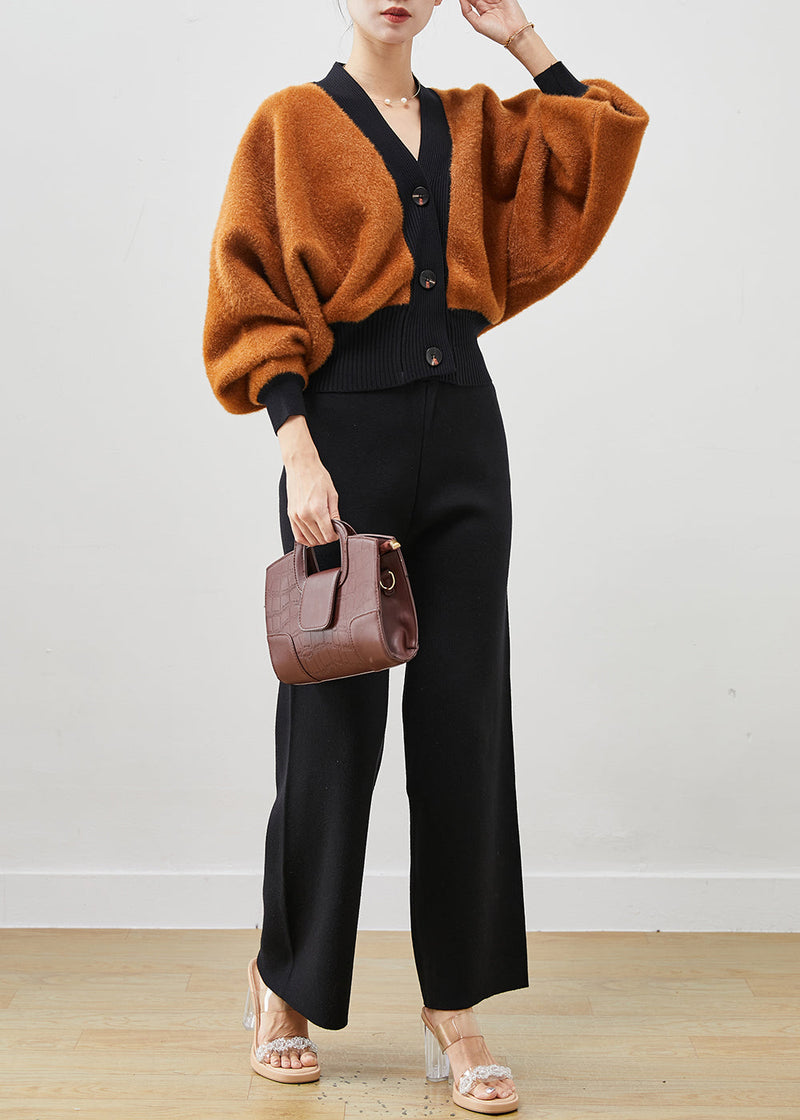 Boutique Khaki Thick Knit Coats and Straight Pants Two Pieces Set Spring