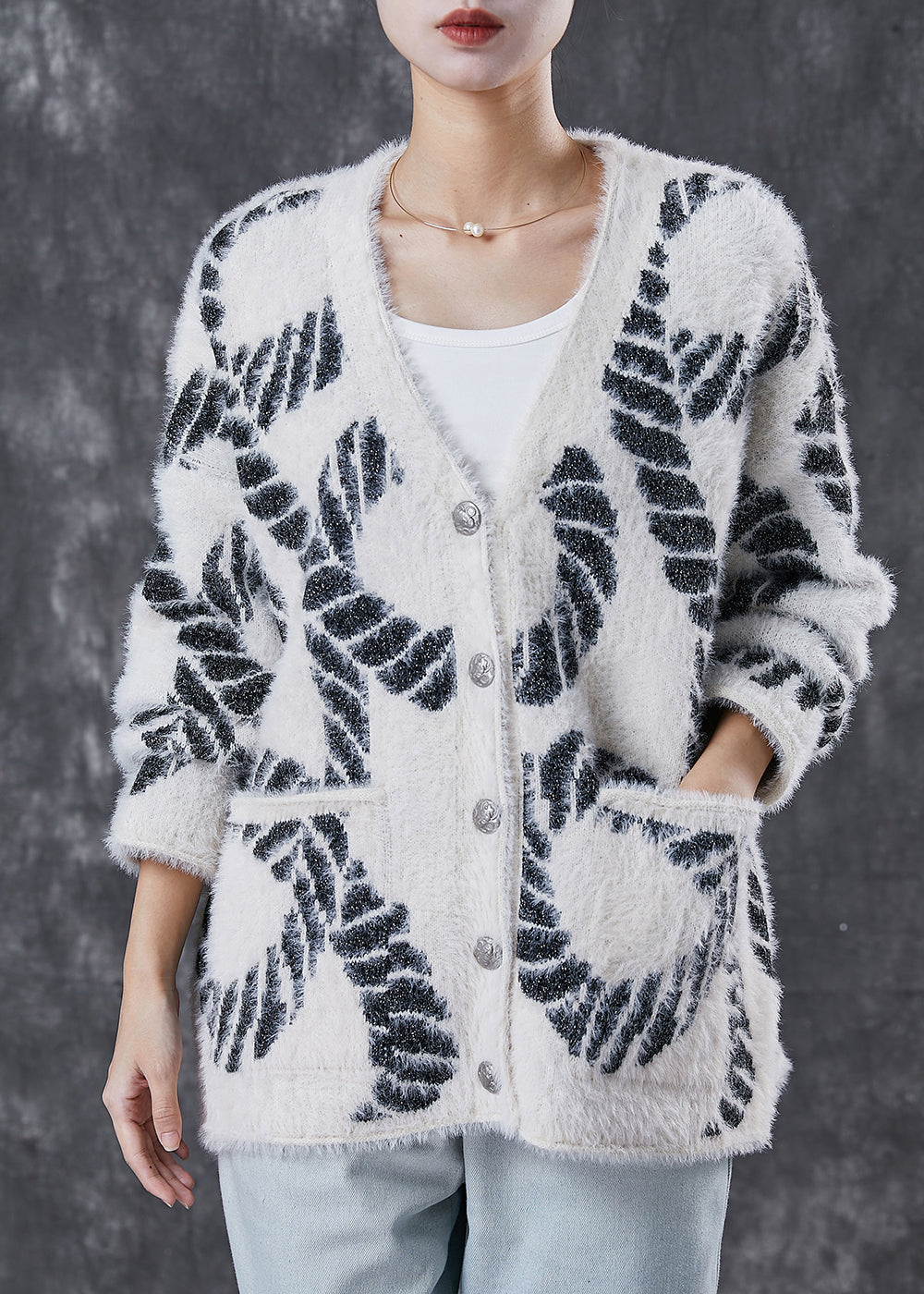 Black V Neck Print Knit Loose Coat Spring