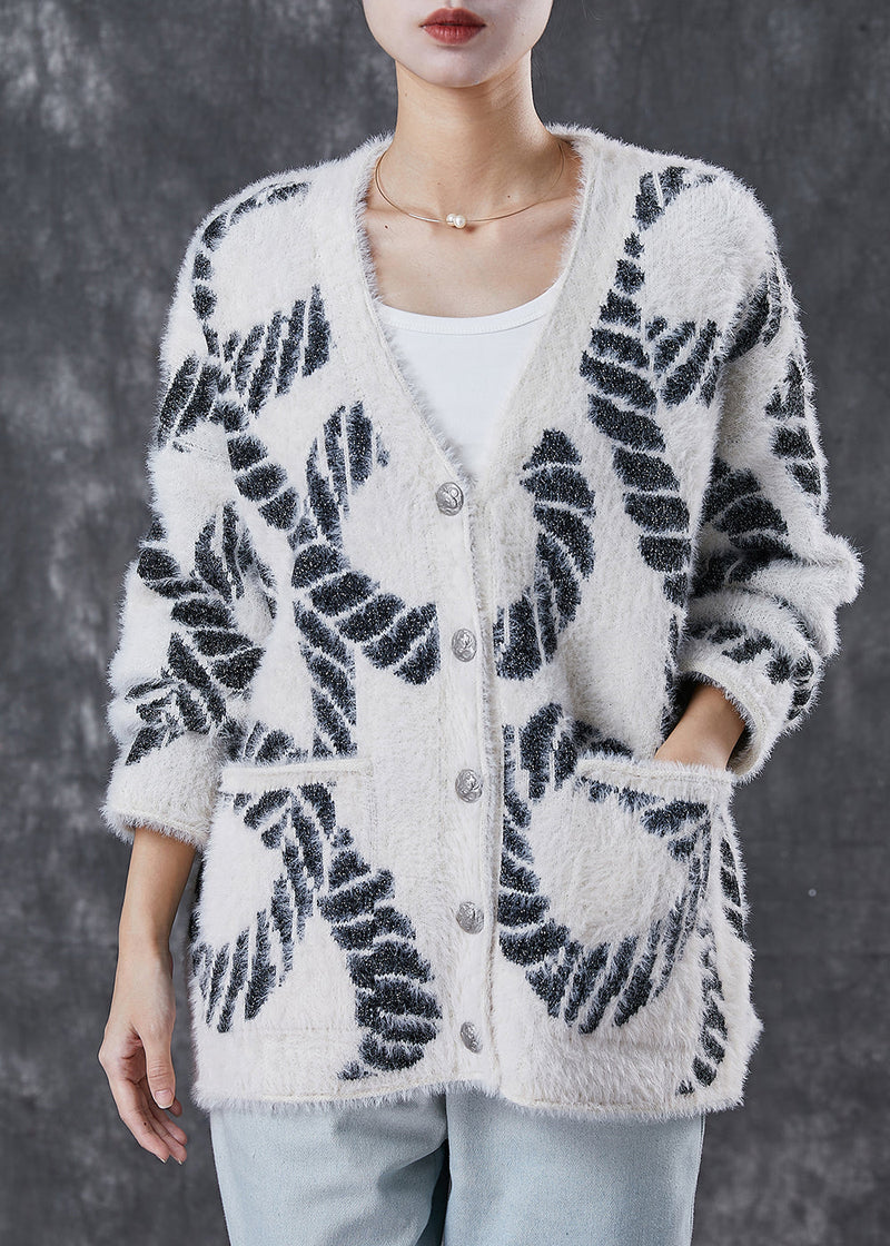 Black V Neck Print Knit Loose Coat Spring