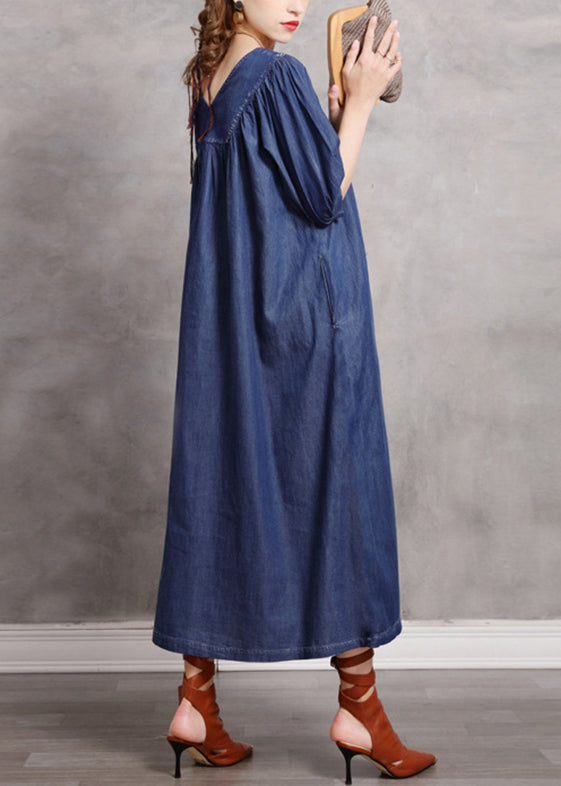 Blue V Neck Wrinkled Embroideried Cotton Party Dress Half Sleeve