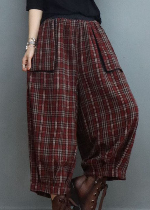 Fitted Red Plaid Pockets Lantern Pants Winter