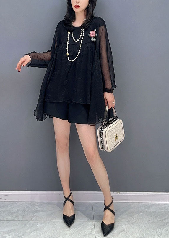 Black O Neck Wrinkled Patchwork Tulle Top Spring