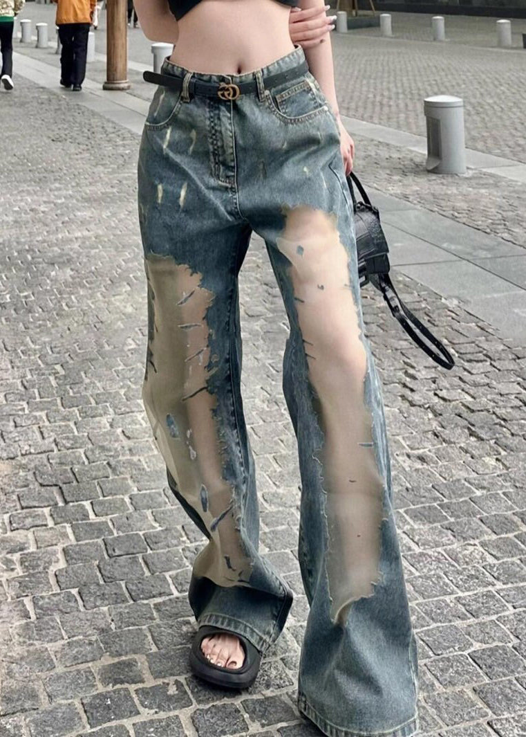 Blue Hollow Out Patchwork Tulle Denim Straight Pants Spring