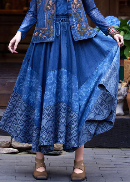 Denim Blue Print Tie Waist Maxi Skirt Summer