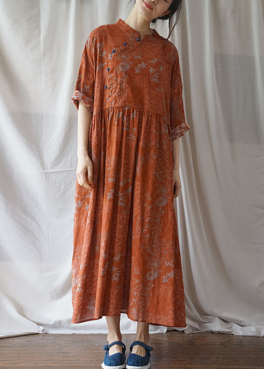 Orange Button Wrinkled Cotton Long Dress Half Sleeve
