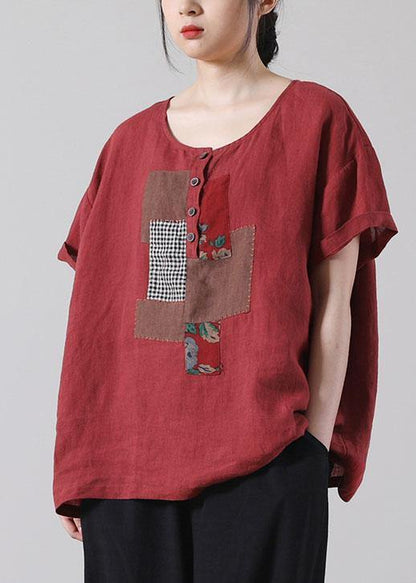 Organic Red Button Short Sleeve Cotton Linen Shirt Tops