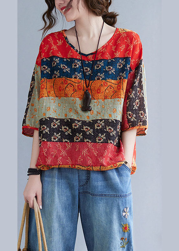 Print V Neck Patchwork Loose Drawstring Fall Blouses Half Sleeve