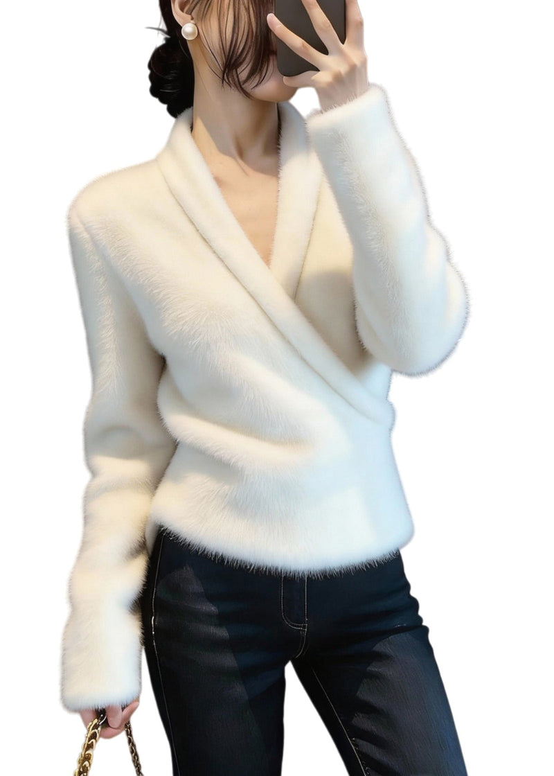 Handmade White Asymmetrical Mink Hair Knitted Sweater Tops Winter