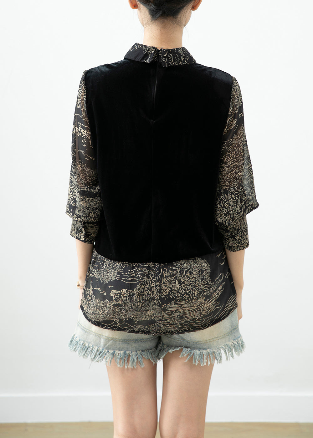 Black Peter Pan Collar Patchwork Silk Velour Shirt Top Fall