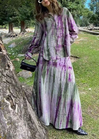 Fitted Purple Peter Pan Collar Tie Dye Shirts and Maxi Skirts Two Piece Set Long Sleeve
