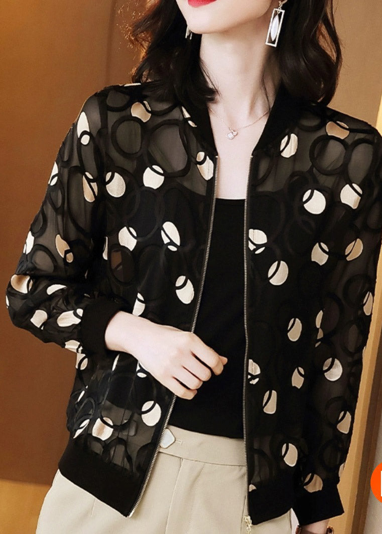 Black V Neck Print Zippered Silk Upf 50+ Coat Long Sleeve
