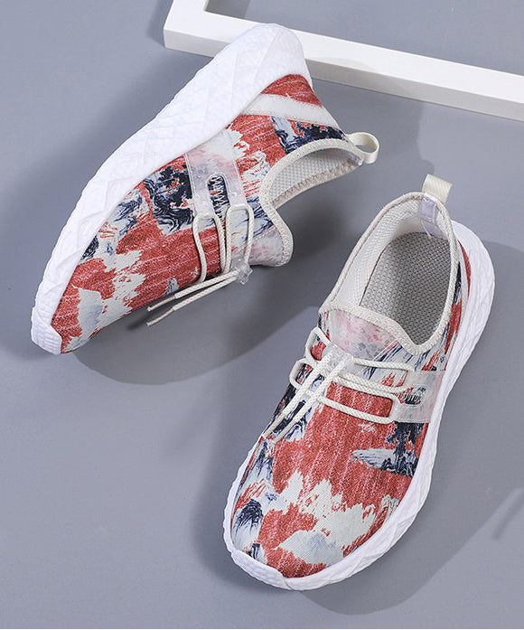 Lace Up Flat Shoes Red Print Knit Fabric