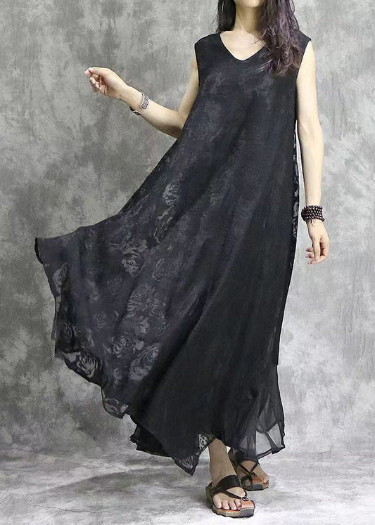 Black V Neck Exra Large Hem Silk Beach Dress Sleeveless