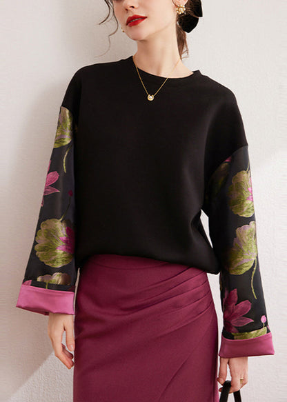 Black O-neck Print Silk Cotton Pullover Fall