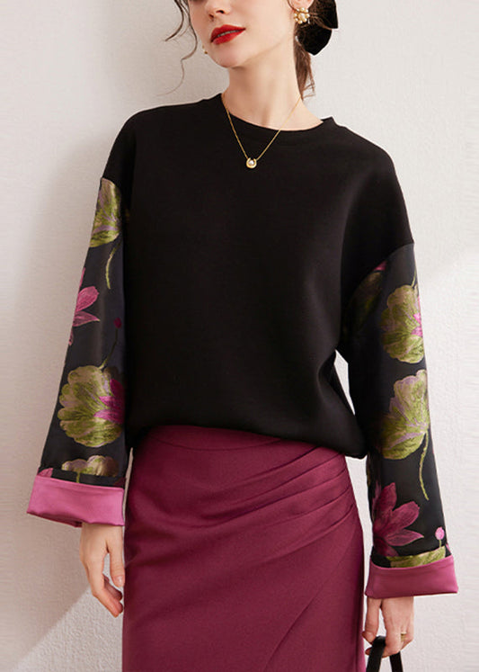 Black O-neck Print Silk Cotton Pullover Fall