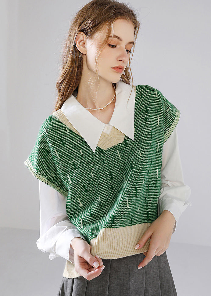 Green V Neck Patchwork Knit Tops Waistcoat Fall