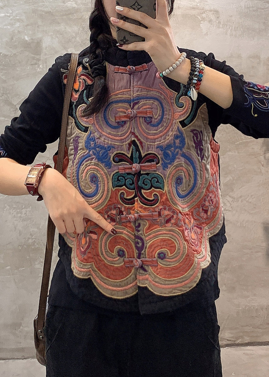 Retro Black Stand Collar Embroideried Button Waistcoat Fall