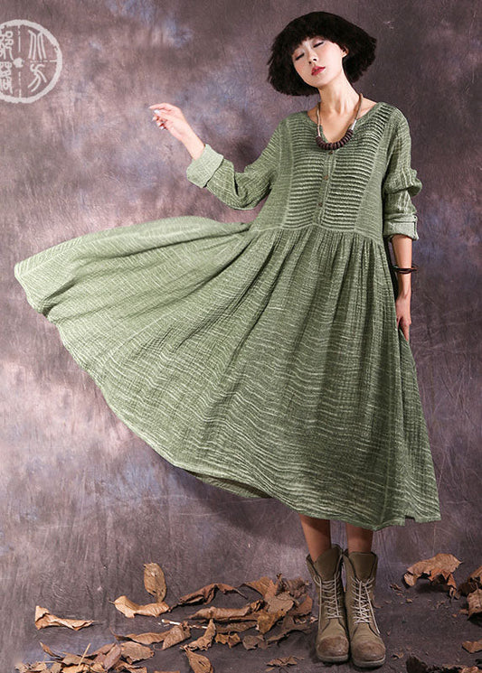 Green Button Patchwork Cotton Dress Spring