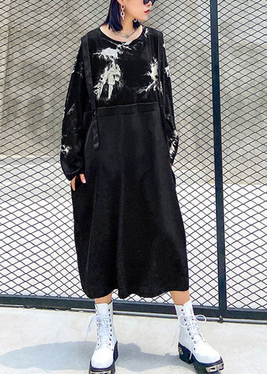 Black O-neck Print Patchwork Sweatshirt Dresses Spring