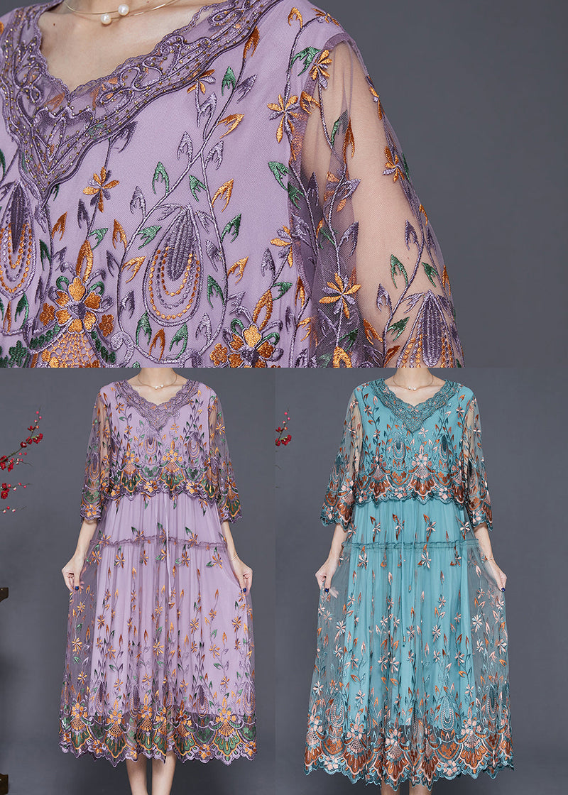 Purple Embroideried Cinched Tulle Long Dress Bracelet Sleeve