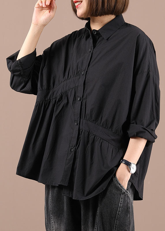Italian Black Peterpan Collar Wrinkled Button Fall Shirt Long Sleeve