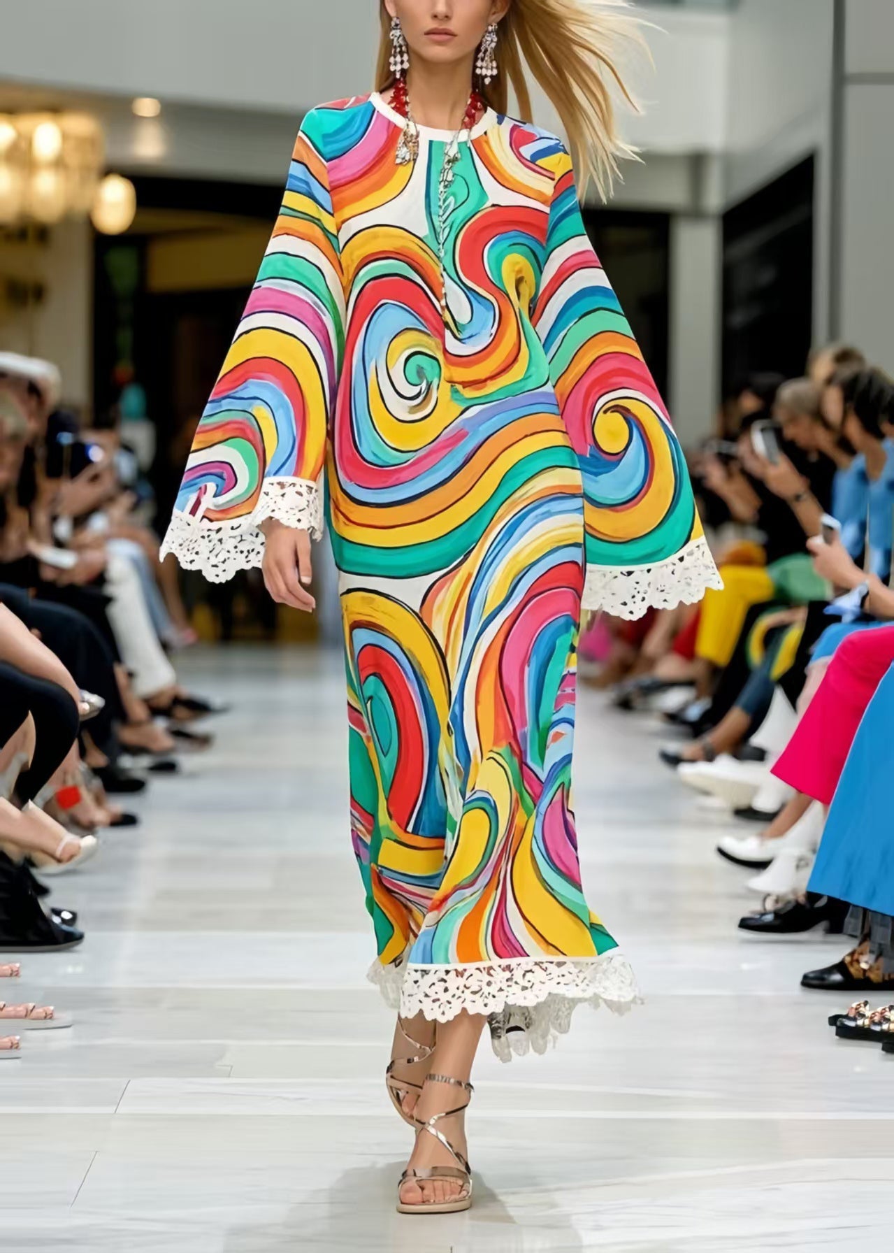 Rainbow Print Patchwork Lace Chiffon Dress Summer