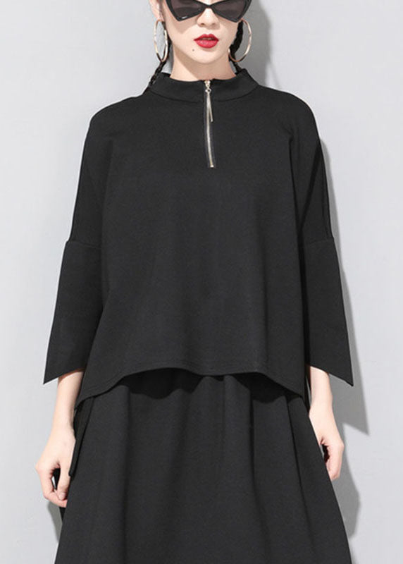 Loose Black Stand Collar Patchwork Zippered Fall Three Quarter Sleeve Top