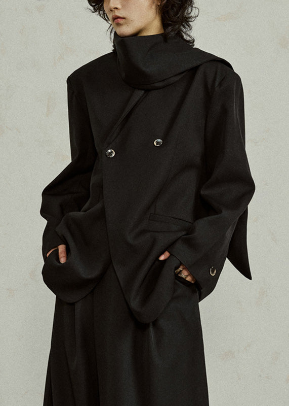 Black Notched Button Coats Long Sleeve