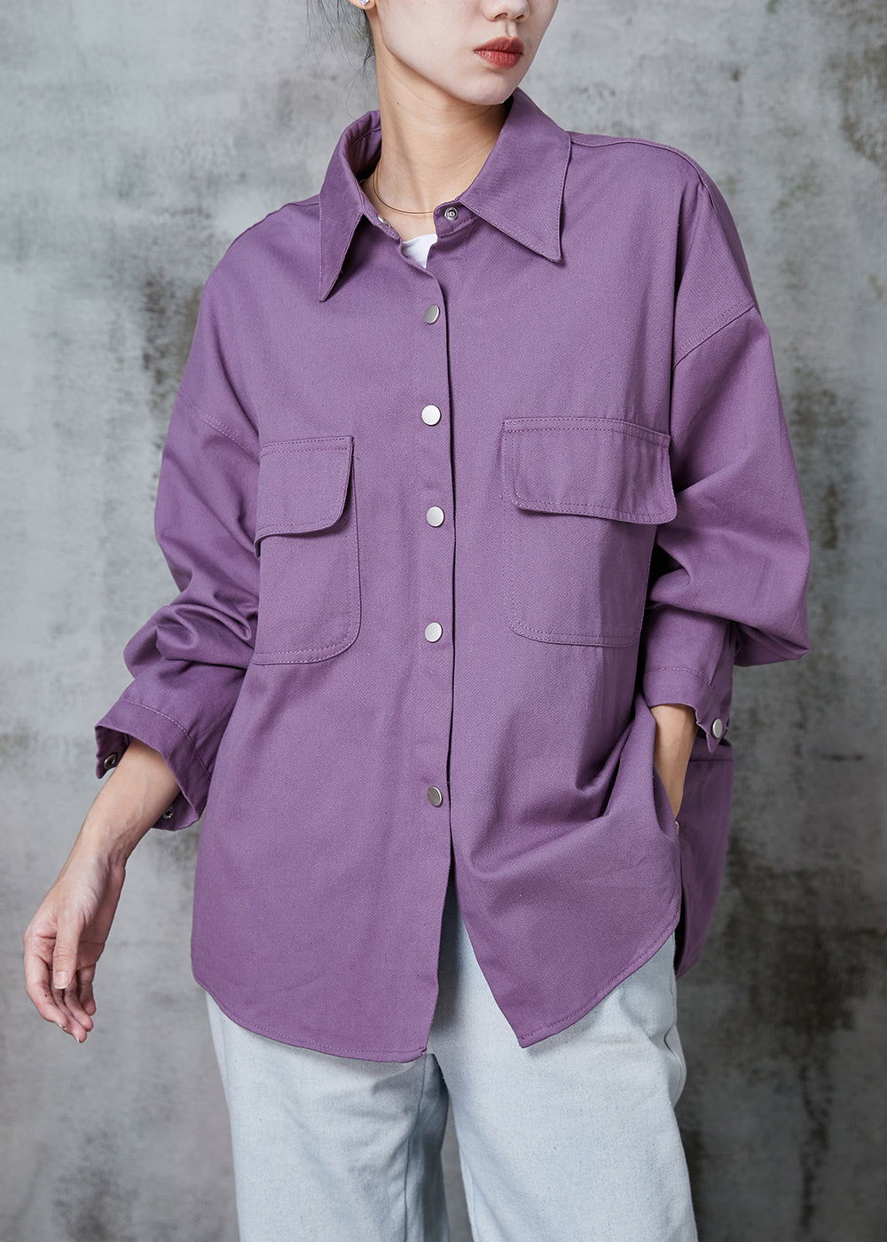 Purple Oversized Pockets Cotton Blouses Spring