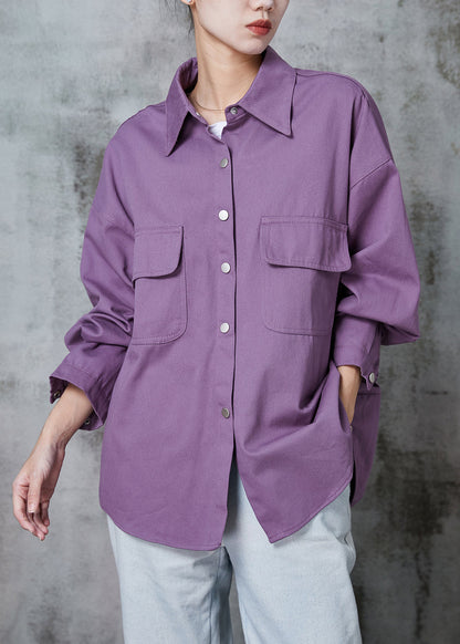 Purple Oversized Pockets Cotton Blouses Spring