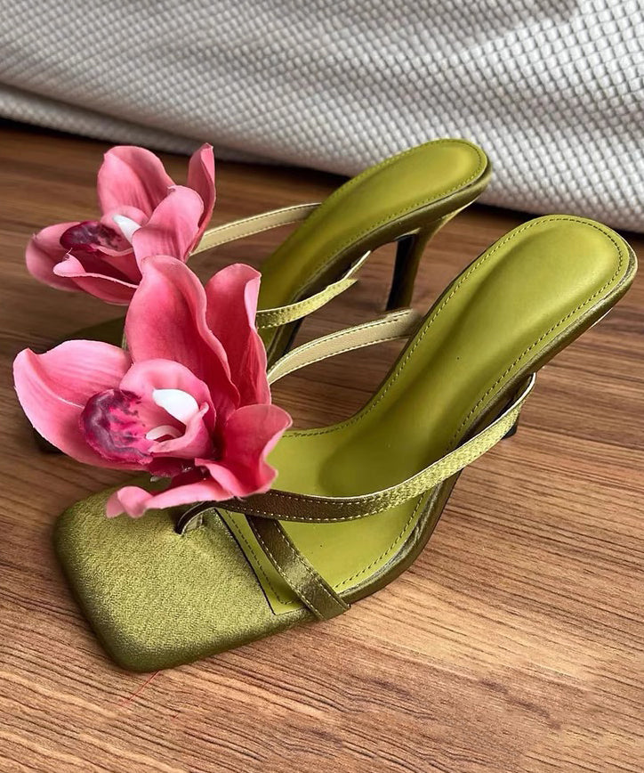 Green Handmade Splicing High Heels Slide Sandals