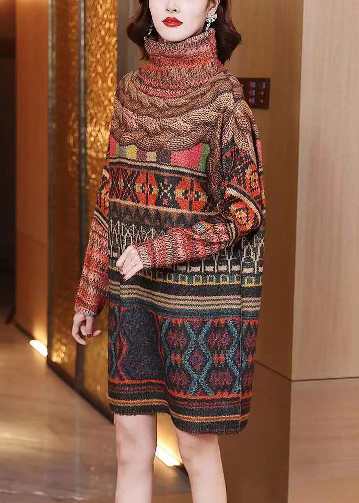 Colorblock Turtleneck Print Mink Hair Knitted Dress Fall
