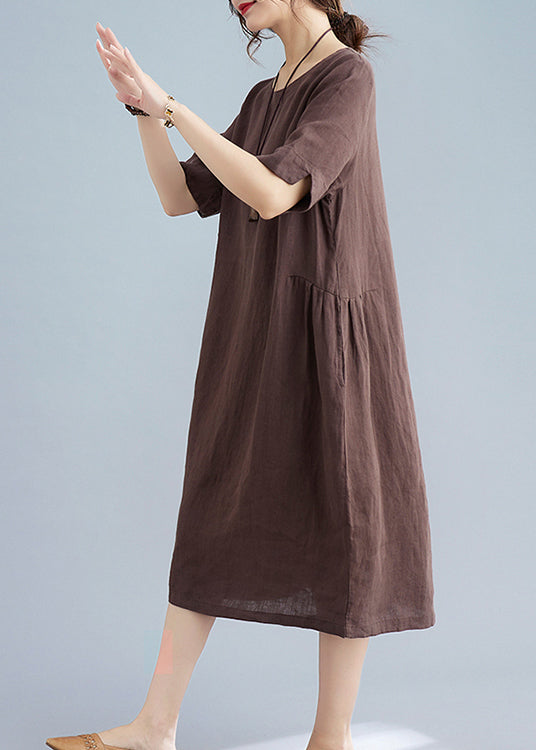 Chocolate Original Design Pocket Linen Holiday Dress Short Sleeve