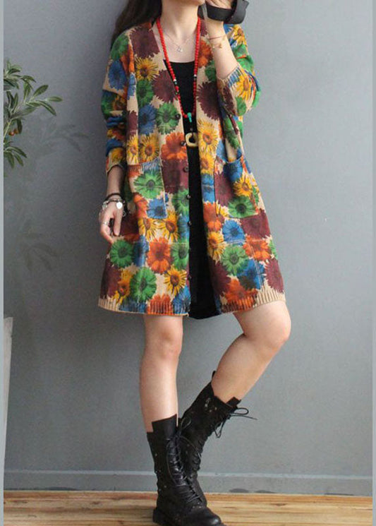 Apricot V Neck Print Pockets Fall Knit Cardigan Long Sleeve