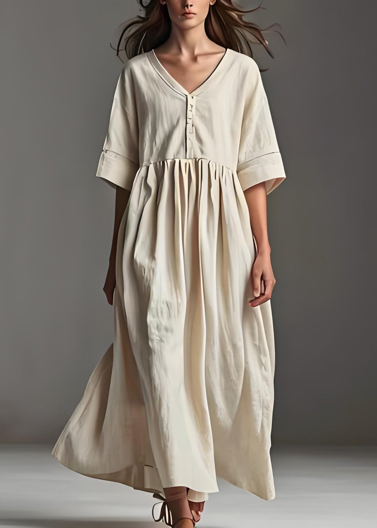 Beige V Neck Patchwork Linen Dress Summer