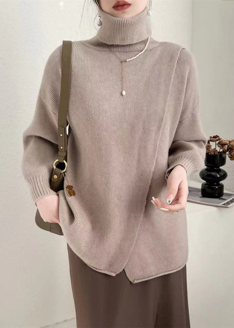 Simple White Hign Neck Asymmetrical Patchwork Woolen Knit Pullover Spring