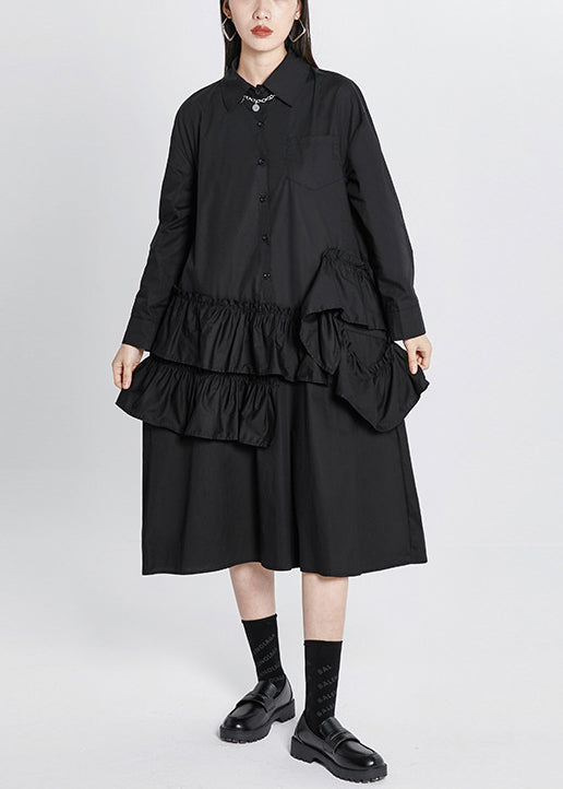 Black Peter Pan Collar Ruffles Patchwork Shirt Dress Long Sleeve