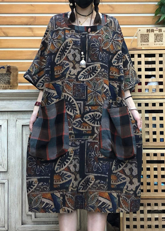 Original Design Chocolate O-neck Print Patchwork Pockets Linen Dress Half Sleeve