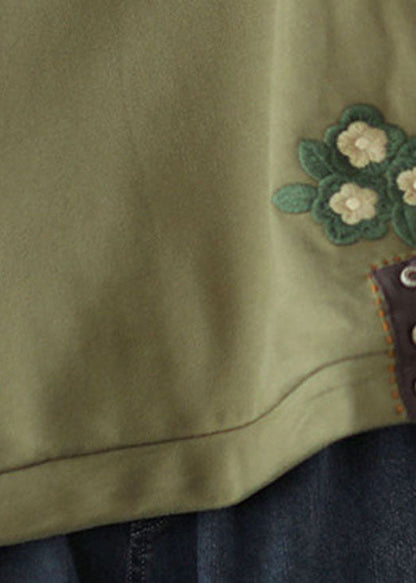 Green Embroideried Cotton Loose Sweatshirt Spring