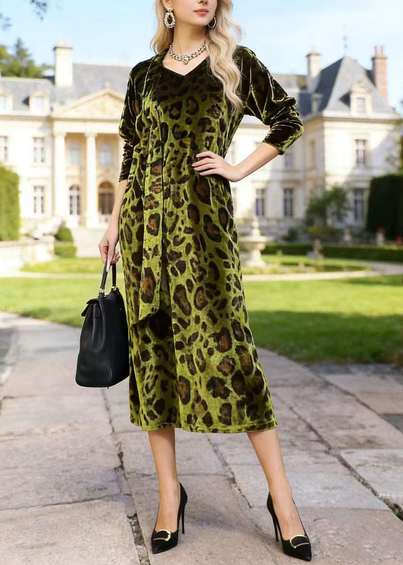 French Green V Neck Leopard Print Velvet Dress Spring
