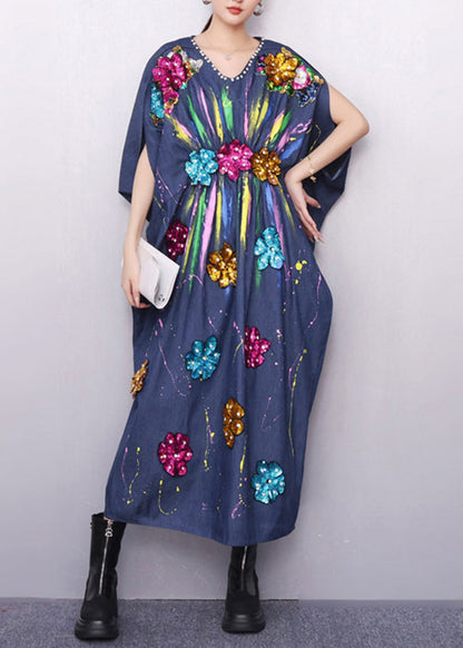 Vibrant Pattern Navy Denim Dress Zircon Accents