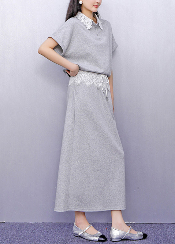 Grey Lace Patchwork Top and Maxi Skirts Two Piece Set Summer