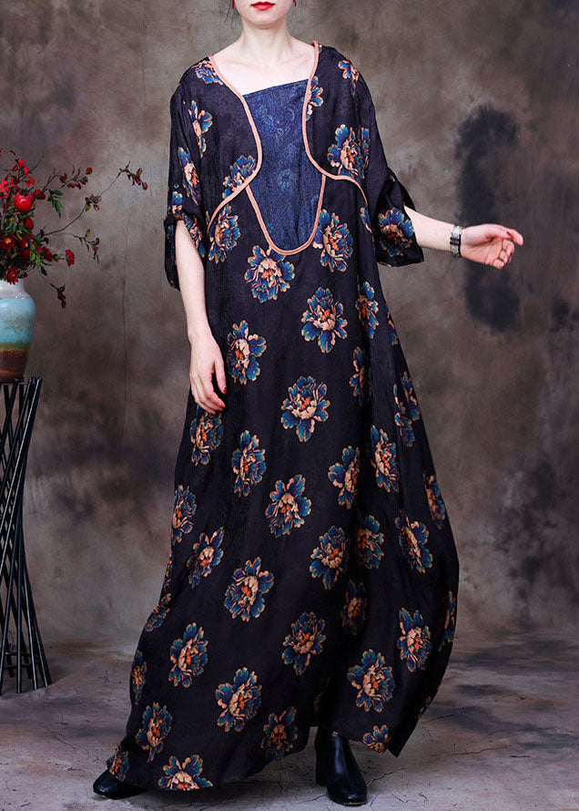 Navy Asymmetrical Patchwork Print Silk Long Dress Long Sleeve